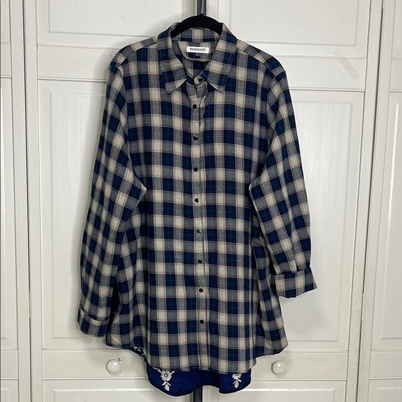 Paparazzi Blue Plaid Flannel Velvet Embroidered Button Down Shirt Size 2X Navy - Picture 1 of 11